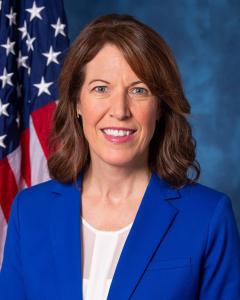 Cindy Axne standing in front of the American flag, wearing a royal blue blazer and while blouse while smiling
